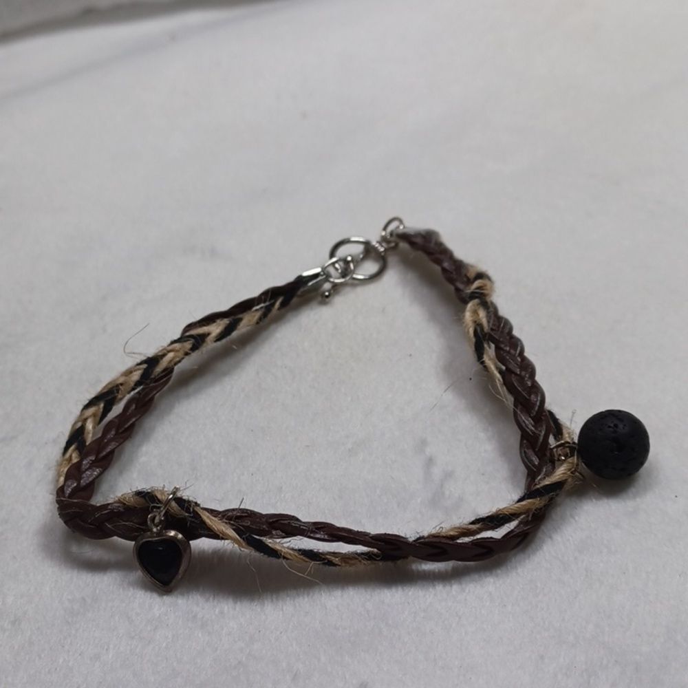 Brown & Tan Hemp Anklet Bracelet & Heart Copper Dangle Earrings 1 Price